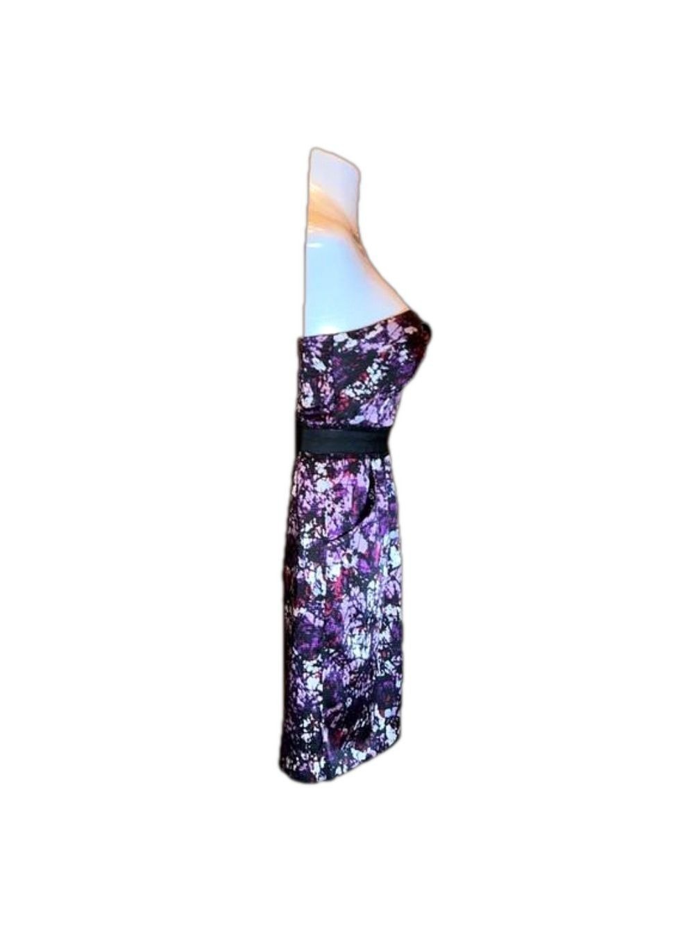 MAX & CLEO  Purple & Black “Satiny” Print Strapless Dress Size 8 - Picture 4 of 7